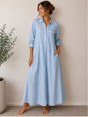 FORTE FORTE Satin Stripe Kaftan Button Down Shirt Dress